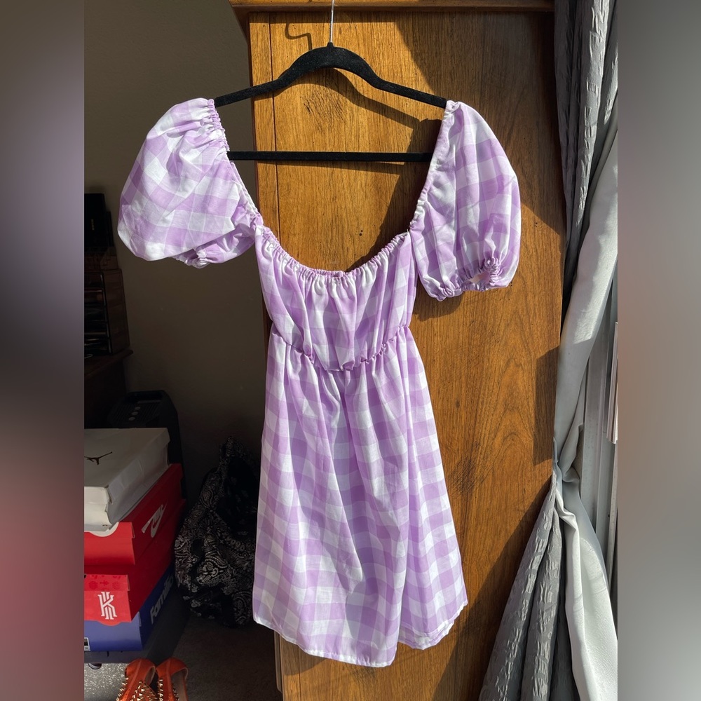 Purple/White Gingham Printed Puff Shoulder Sleeve Mini Dress by Nissa New York
